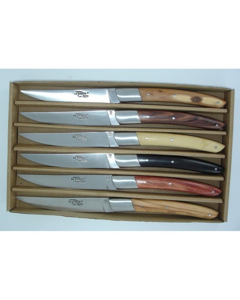 Coffret de 6 Couteaux de table Bois précieux assortis, mitre inox